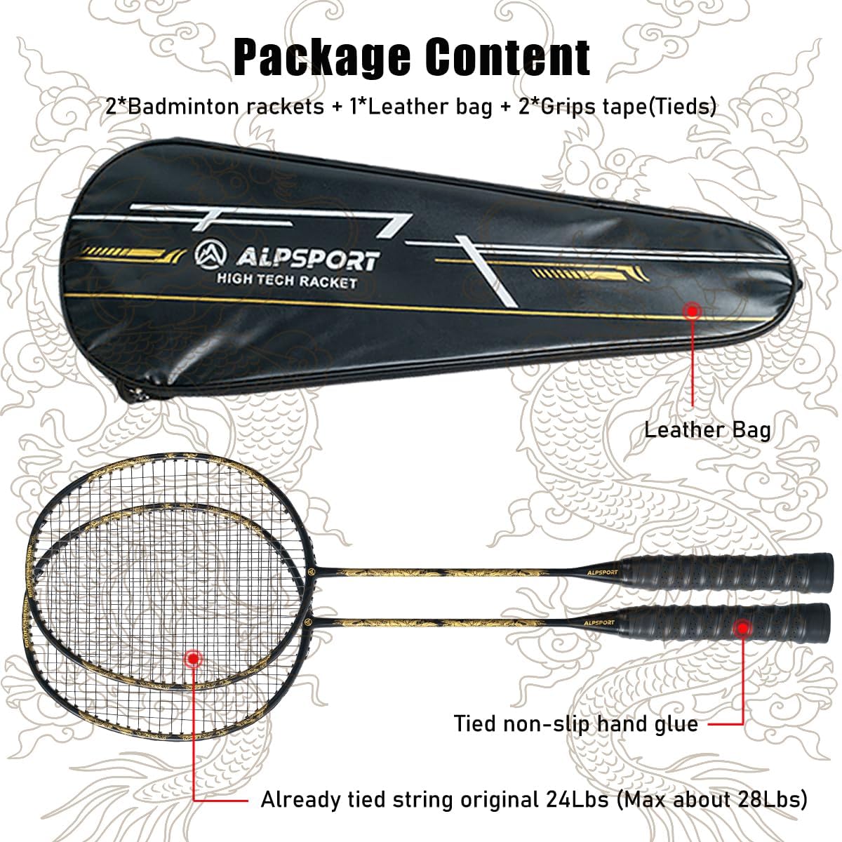 SL Golden Dragon 4U G5 Graphite Professional Badminton Rackets Sets of 2, Full Carbon Fiber Racquets with 1 Leather Bag, 2 Tied Grips Tapes, Padel Raket for Sports Training