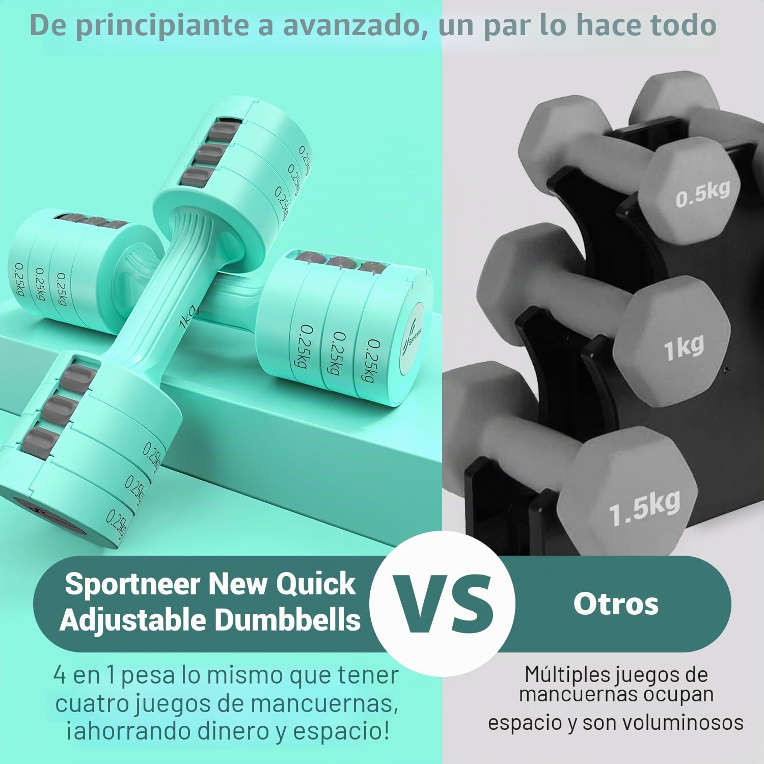Sportneer Juego de mancuernas ajustables – 4 en 1 – Juego de mancuernas para mujer de 1 – 2,5 kg | Juego de 2 mancuernas ajustables para gimnasio, fitness, entrenamiento de fuerza, regalo