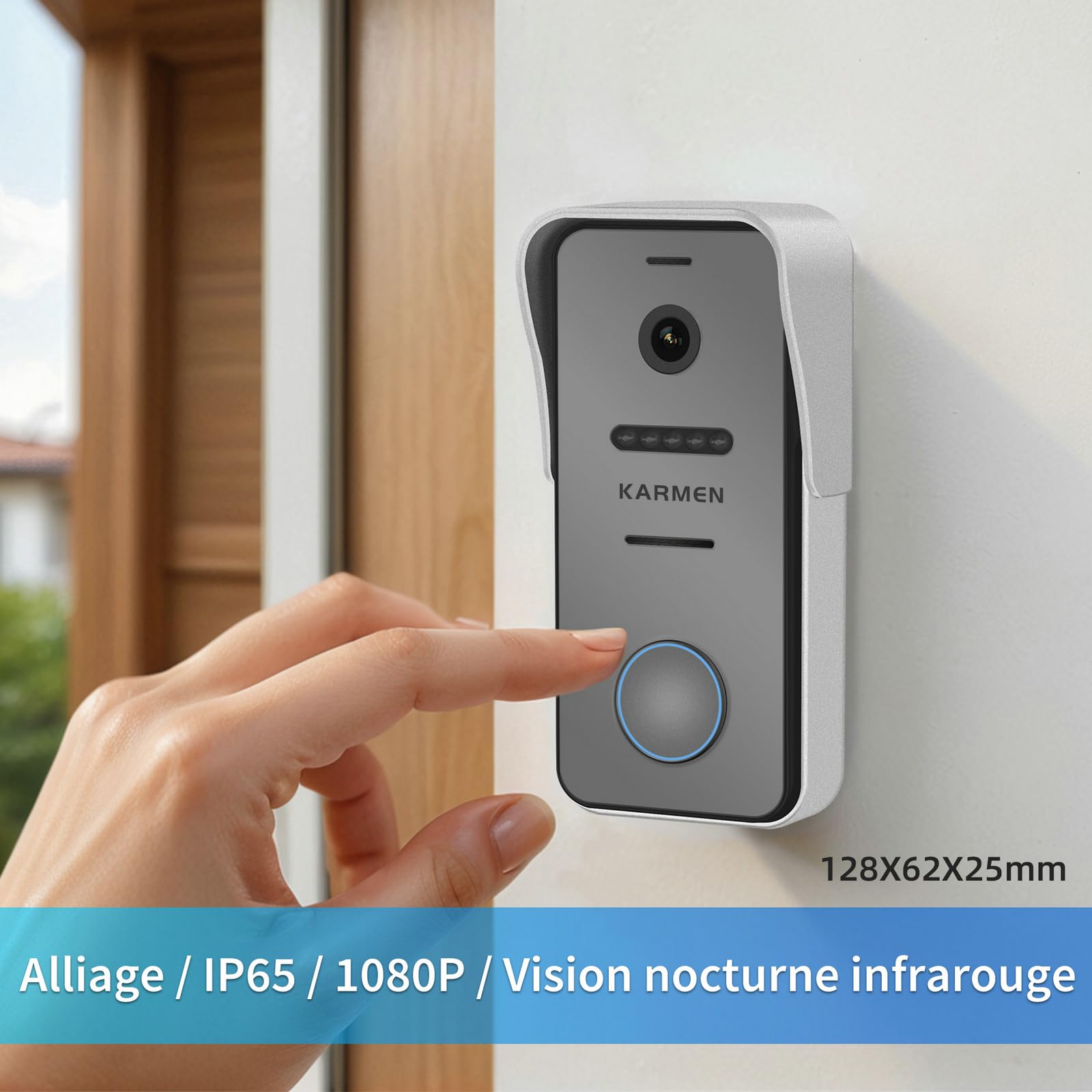 Karmen Visiophone Intelligent Tuya WiFi, écran Tactile de 7 Pouces, Sonnette en Alliage 1080P, Enregistrement de Détection de Mouvement, Prend en Charge AC 100V-240V