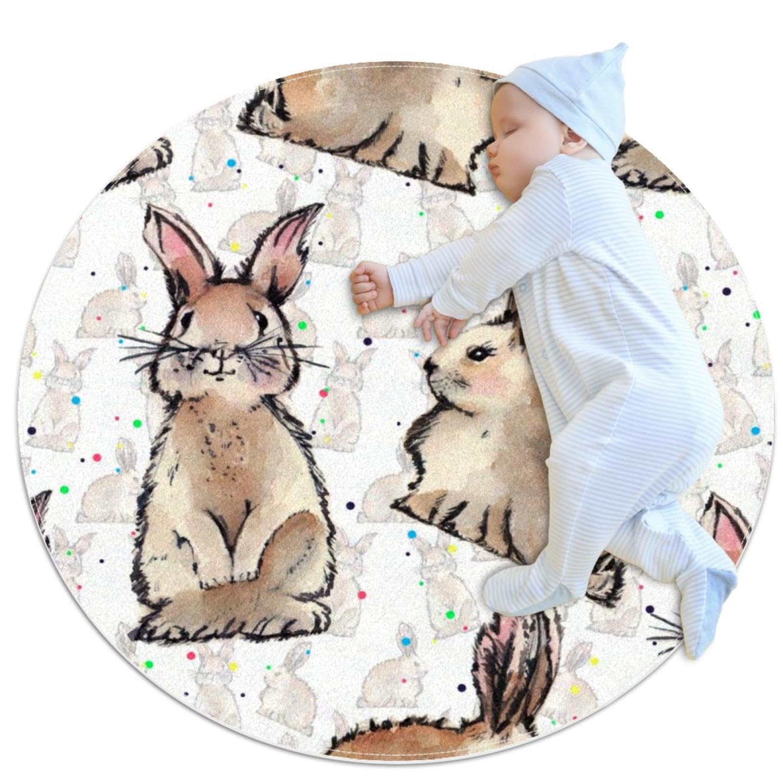 Tapis de salle de bain antidérapant rond motif lapin aquarelle pour sol
