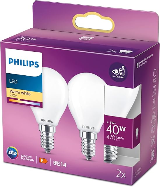 Philips Żarówka LED Classic E14, 40 W, kształt kropli, matowa, ciepła biel, 2 sztuki w opakowaniu