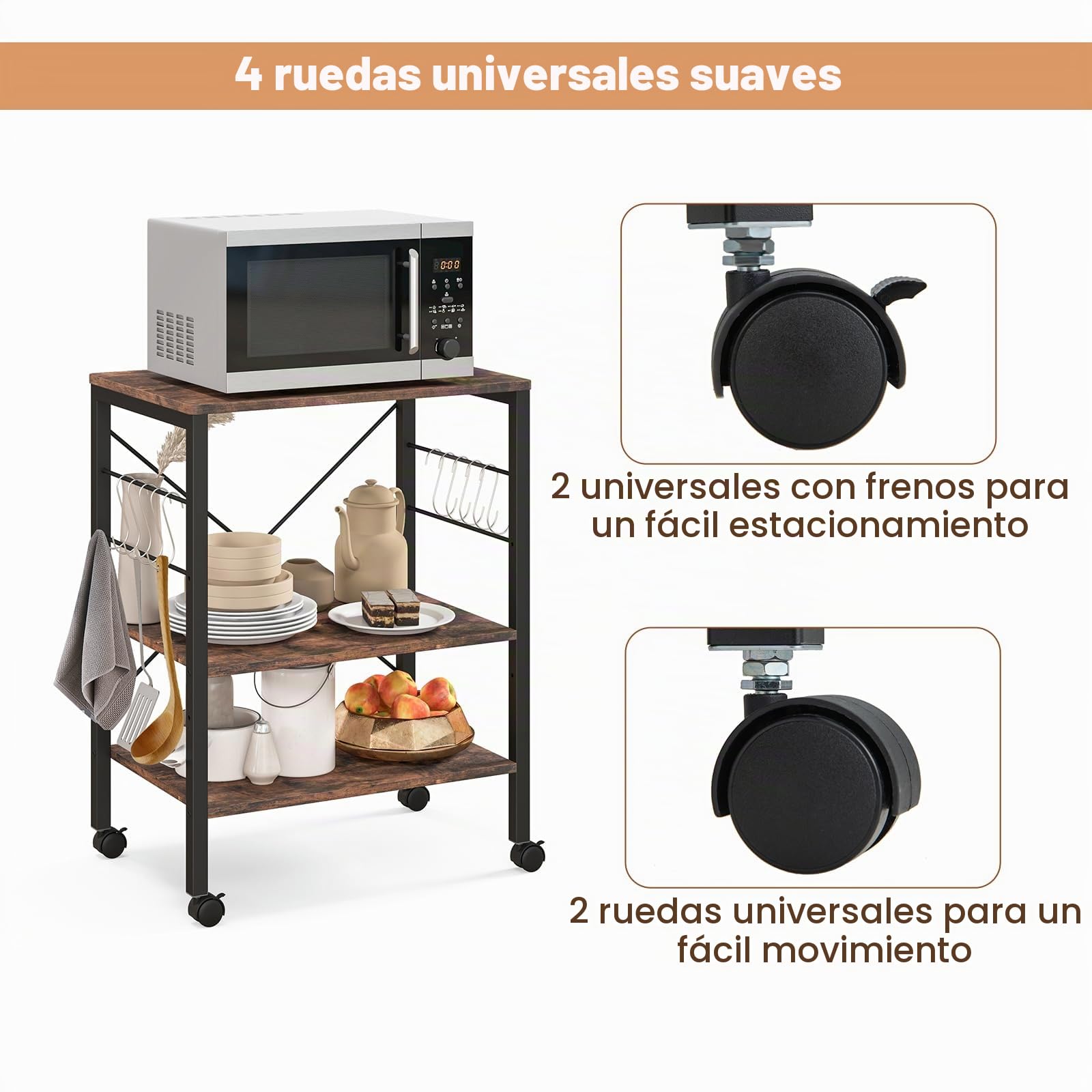 KOMFOTTEU Carrito de Cocina de 3 Niveles con Ruedas, Carro de Servicio con Estantes Ajustables, Carro Auxiliar con 10 Ganchos en S, Estantería para Microondas con Marco de Metal (Marrón)