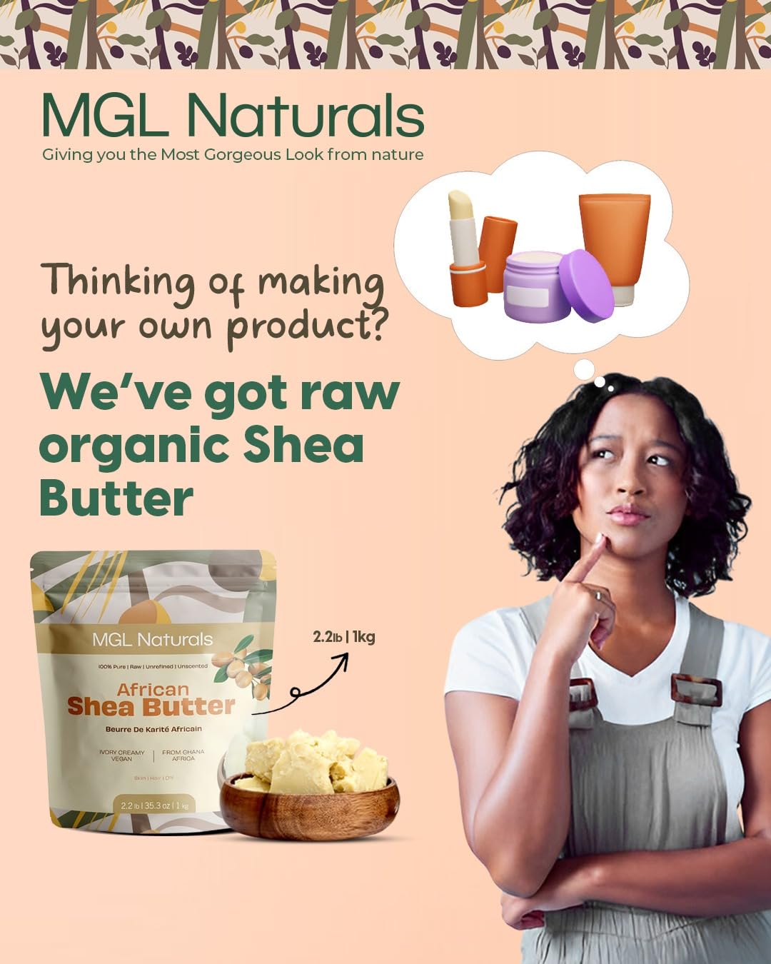 MGL Naturals Raw African Shea Butter Ivory 2.2 lb, 100% Pure, and Unrefined. Nourish and moisturize hair and skin. Use alone or DIY recipes. From Ghana. (2.2 lb | 35.3oz | 1kg)