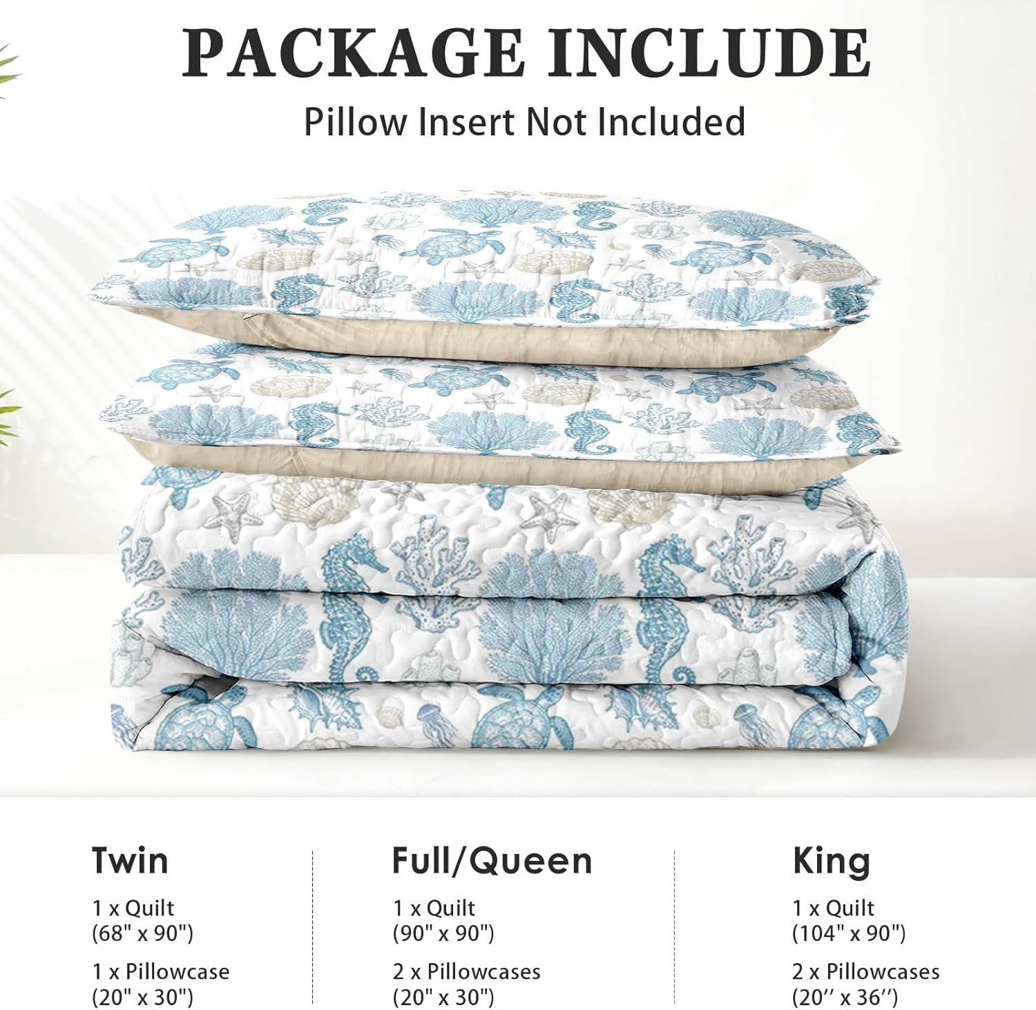 Quilt Set King Size, Sea Shell Coral Seahorse 3 Pcs Soft Bed Cover Bedding Set for Kids and Adults, Starfish Nautical Lightweight Bedspread Coverlet with Pillow Sham for All Season