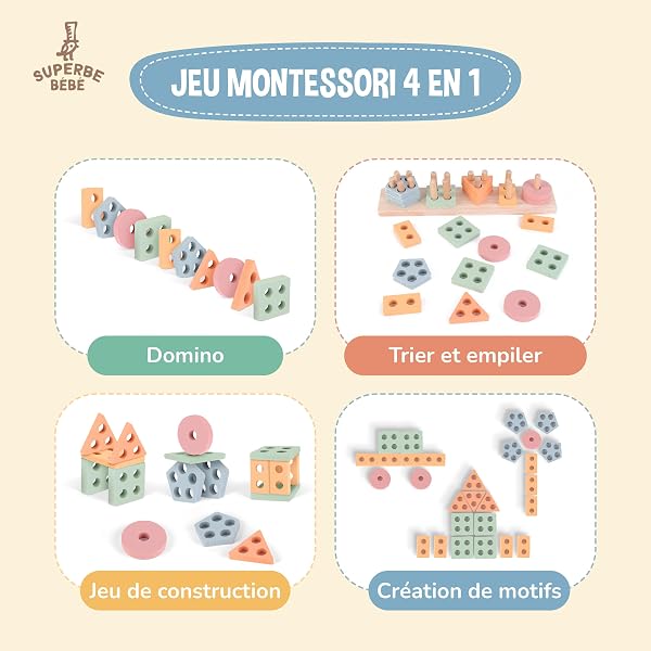 Jouet Montessori à Empiler et Tri pour Bébé et Enfant 3 Ans - Jouets d'Activité et de Développement en Bois - Couleurs Pastel - Jeux Montessori Éducatifs pour Tout-Petits - Cadeau d'Anniversaire - 4