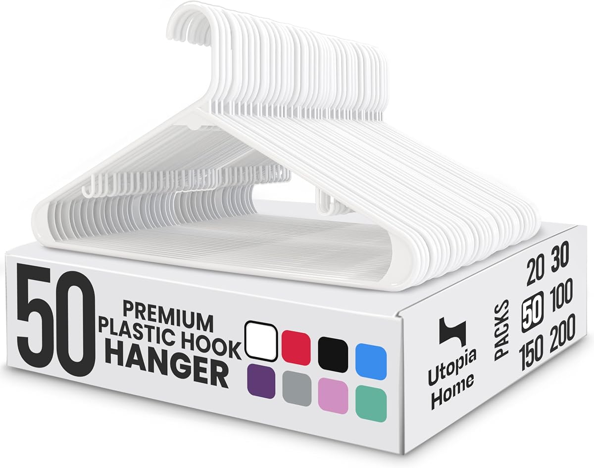 Utopia Home Plastic Hangers 50 Pack – Built-in Strap Hooks White | Space saving | Durable & strong | Closet organizer | Clothes hangers | Ideal for shirts, pants, skirts & coats