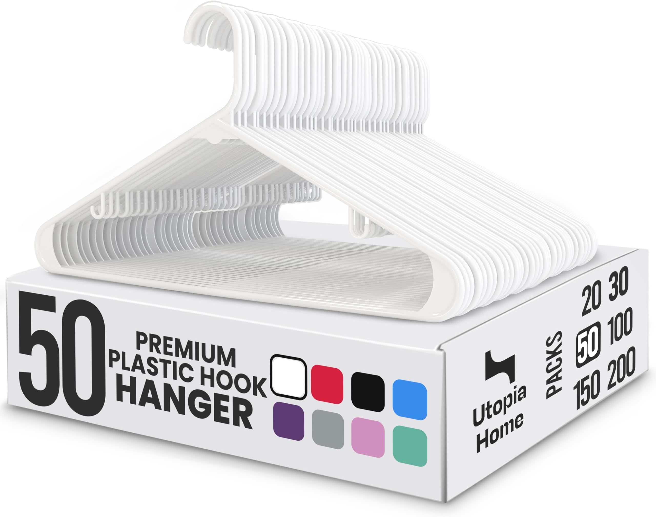 Utopia Home Plastic Hangers 50 Pack โ Built-in Strap Hooks White