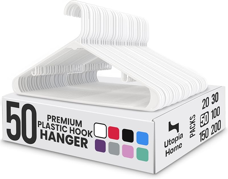 Utopia Home Plastic Hangers 50 Pack – Built-in Strap Hooks White | Space saving | Durable & strong | Closet organizer | Clothes hangers | Ideal for shirts, pants, skirts & coats