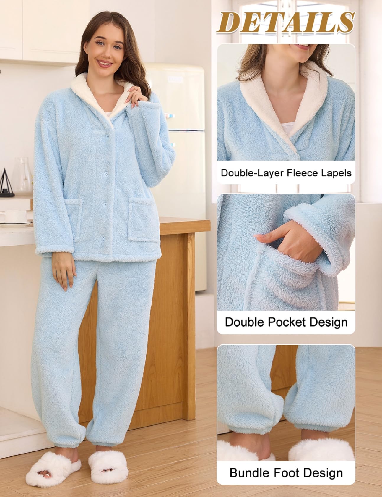 Conjunto de pijama mullido para mujer, pijama de forro polar suave de 2 piezas, camisón cálido y esponjoso, ropa de dormir de felpa