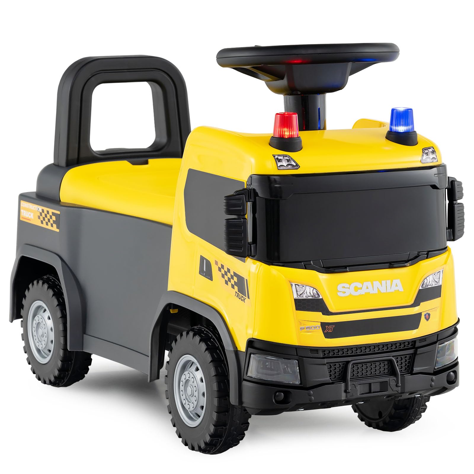 COSTWAY 2 in 1 Rutschauto, Polizeiauto mit Lenkrad, LED-Licht, Hupe & Musik, Rutscher Auto mit Stauraum, Schiebeauto, tragbares Rutschfahrzeug für Kinder ab 1 Jahr (Gelb)