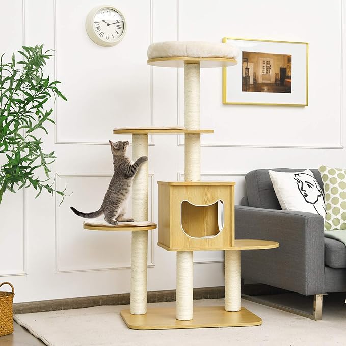 Tangkula Modern Wood Cat Tree, 53 Inches Cat Tower with Platform, Cat