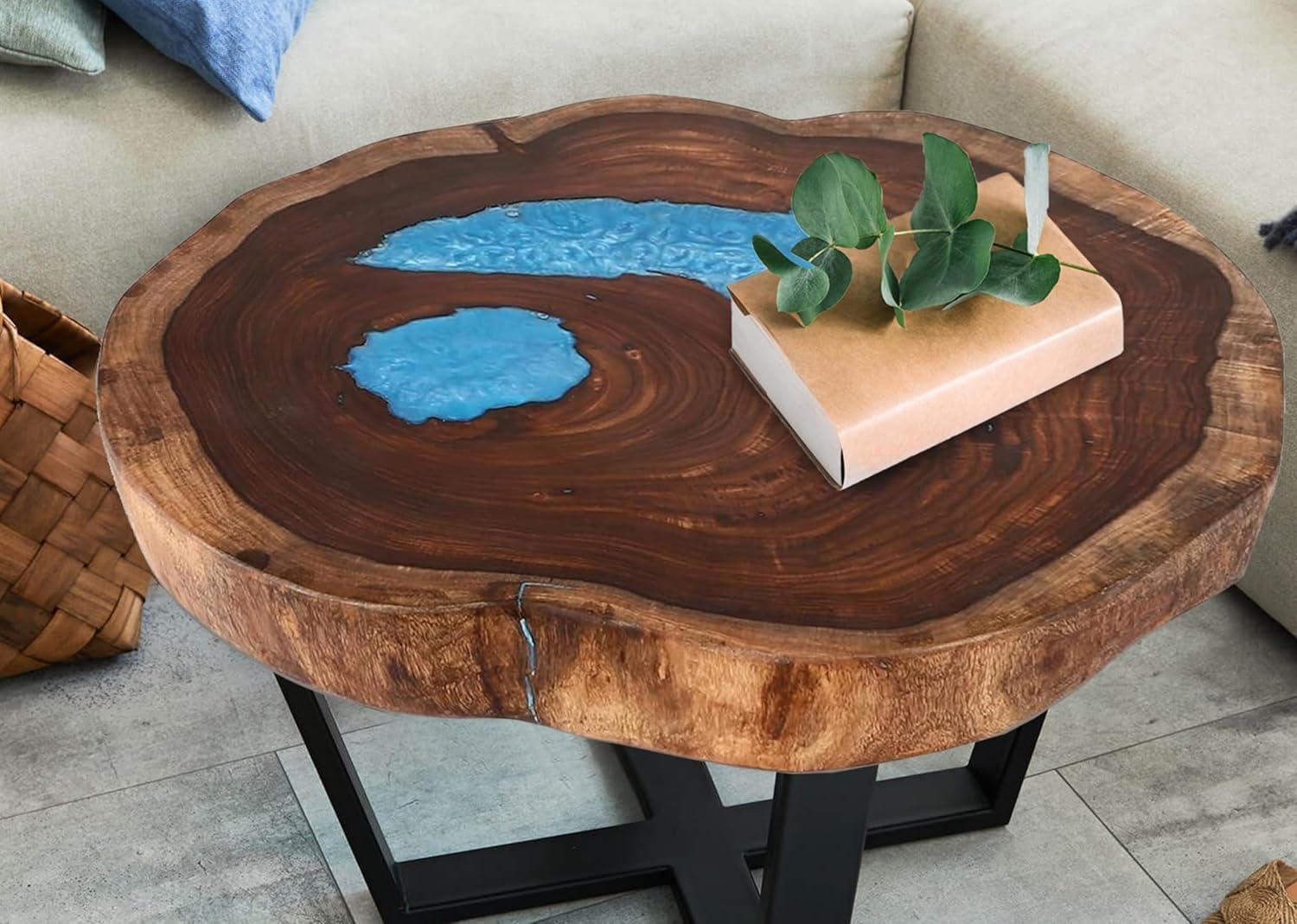 RESINHOMEFURNITURE Personalized Epoxy Resin Dining Living Room Table Patio Coffee Table End & Side Table Bar Counter Top Home Décor with Iron Stands (Blue)