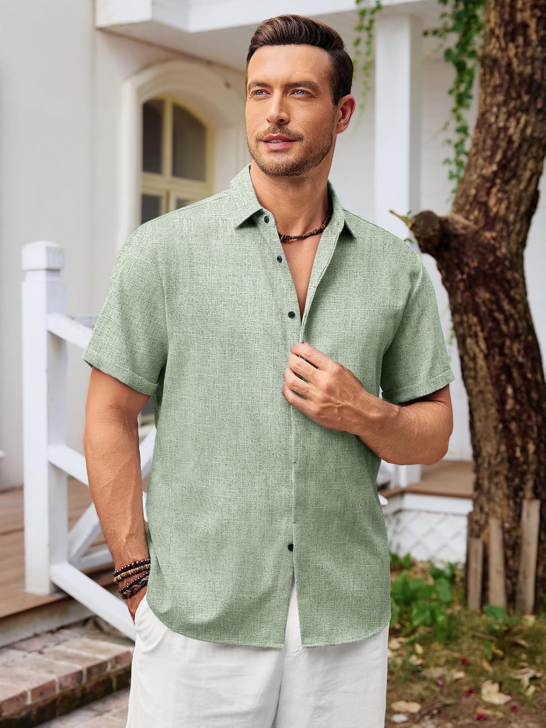 Runcati Mens Short Sleeve Linen Shirts Button Down Casual Texture Summer Beach Wedding Tops - Image 2