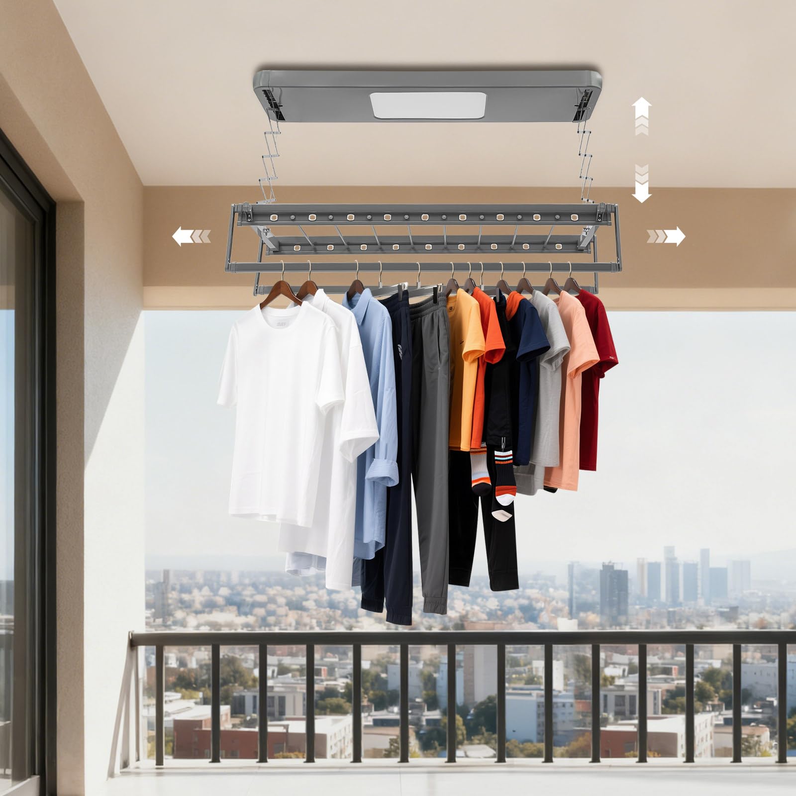 Étendoir à linge électrique mural avec télécommande, support de plafond, extensible et pliable, pour balcons, buanderies (gris)