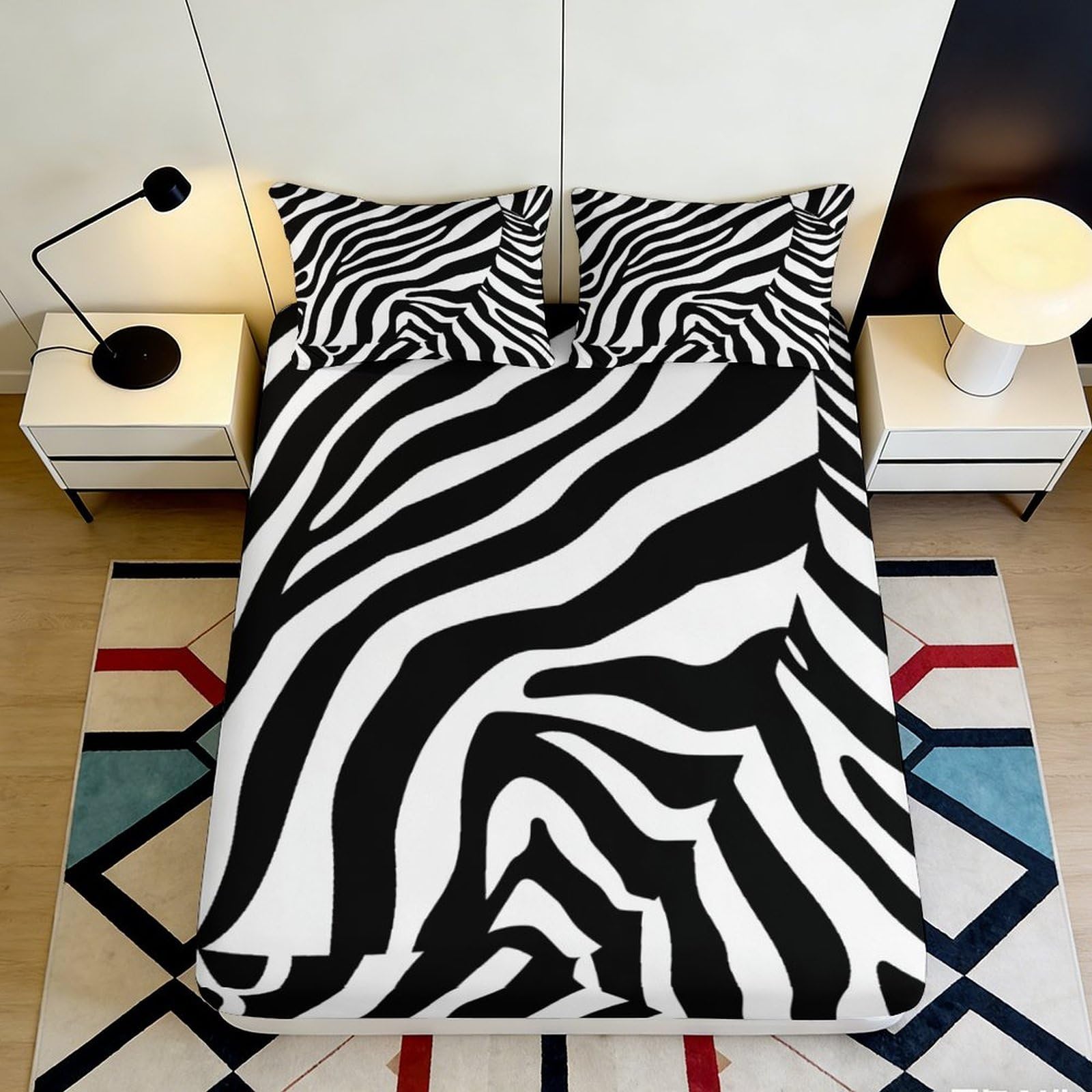 3D Printed Zebra Stripe Fitted Sheet Microfiber Soft Black White Animal Pattern Mattress Cover for Bedroom Guest Room 90x200x25cm