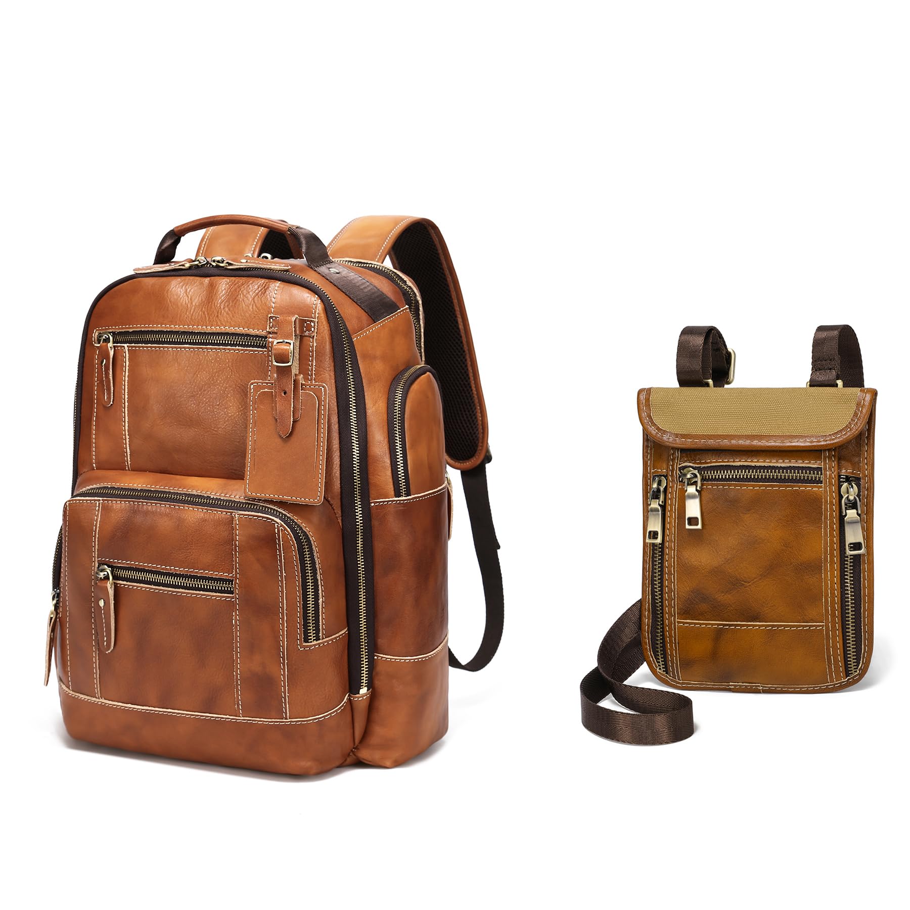 LANNSYNELeather Backpack for Men, 15.6" Laptop Backpack and Neck Wallet Travel Pouch for Men and Women