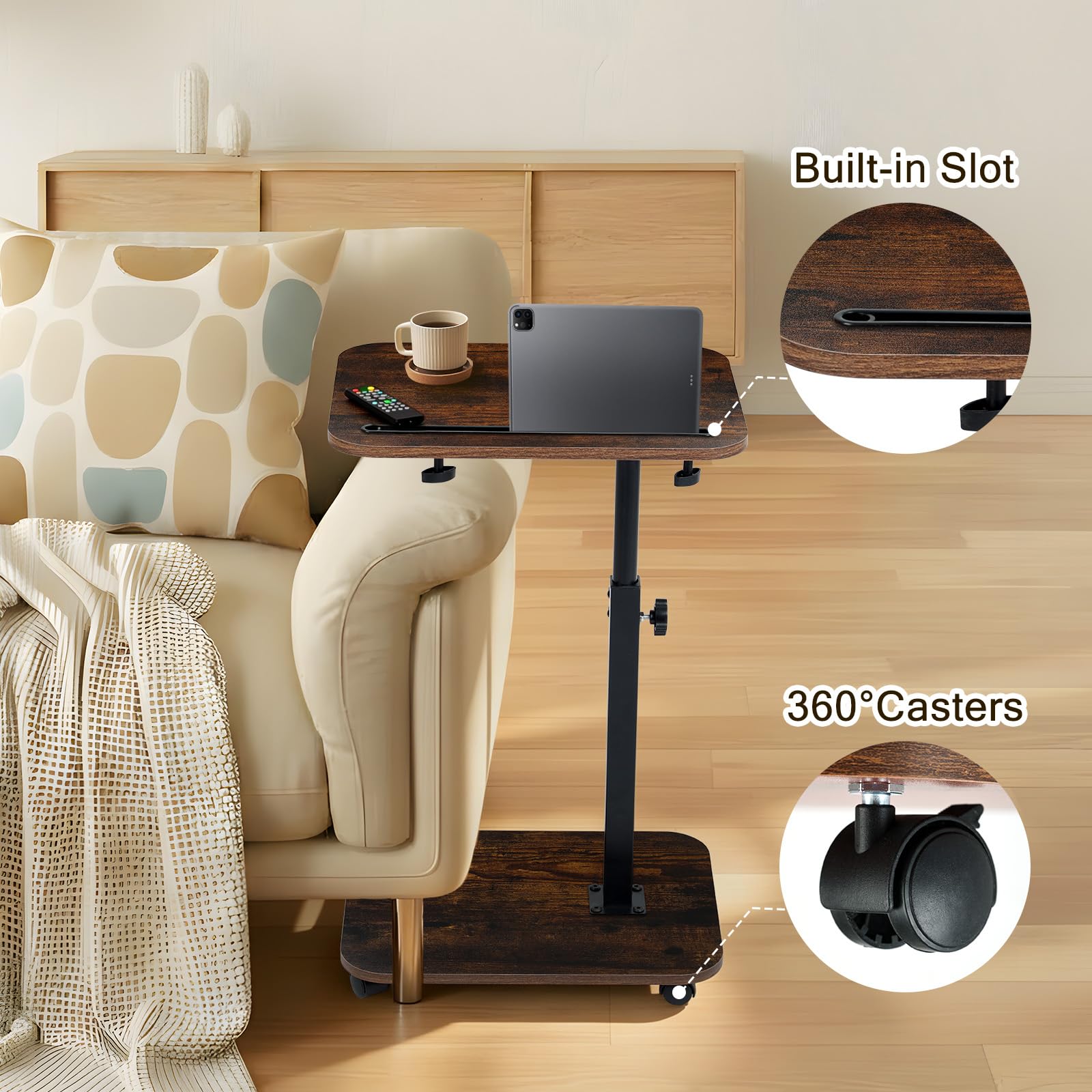 comfoyar Tavolino a Forma di C con Ruote Regolabile in Altezza(43-78cm), Girevole 360° Tavolino di Divano con Slot per Telefono e Tablet, Tavolino da Caffè Legno per Letto Soggiorno, Piccolo Spazio