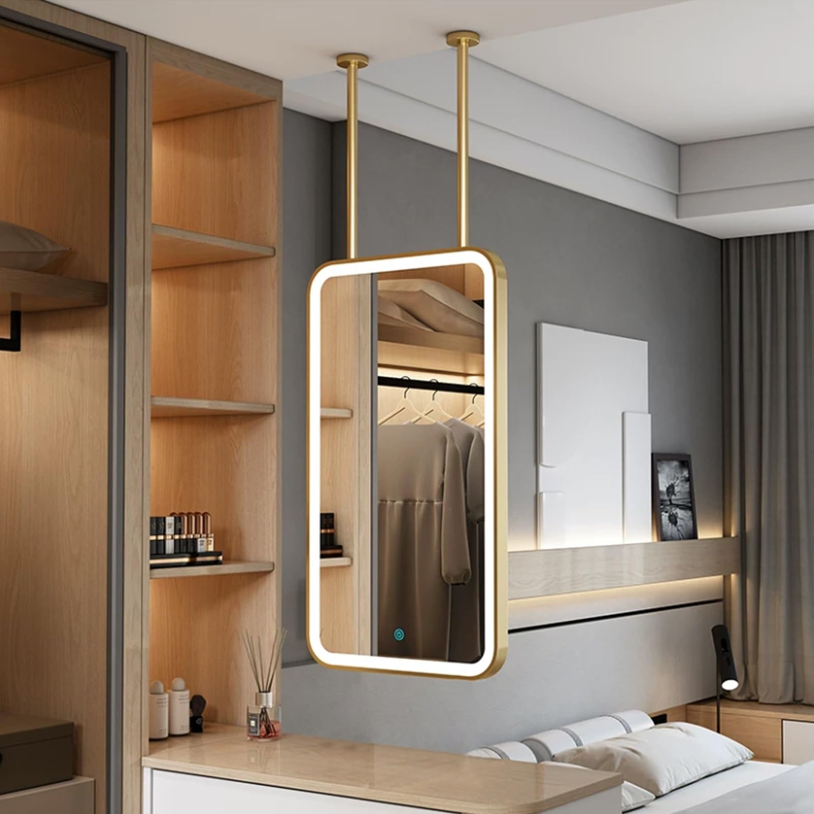 FGXHHS Gold for Wall，Ceiling Hanging Vanity Metal Frame LED Illuminated Mirrors with Double Boom，Modern Home Decorative Glass Mirrors，3 Colors Dimmable Light(40cmx70cm)