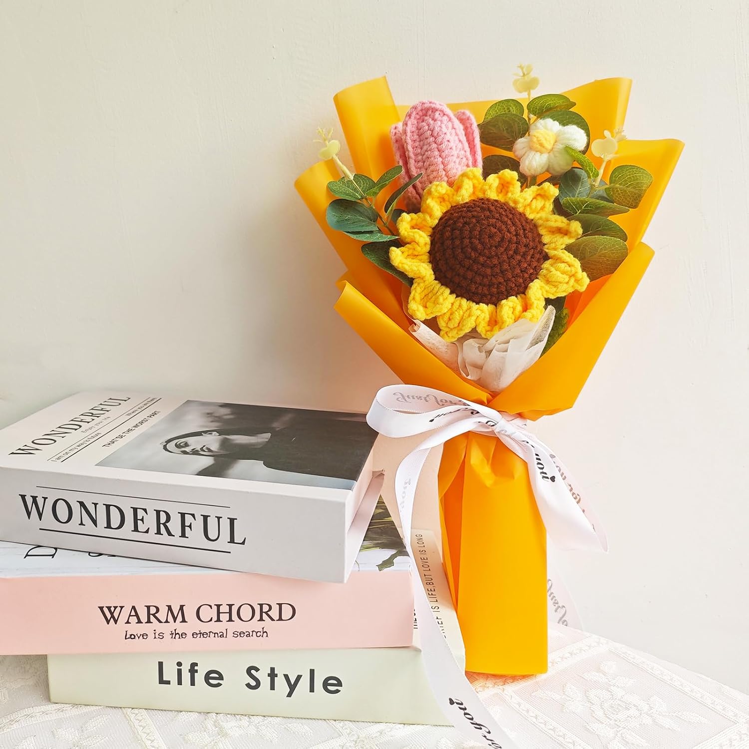 Crochet Flowers Bouquet, Knitted Sunflower for Mothers' Day, Handmade Artificial Flowers Bouquet Home Decor Gift for Women Father Christmas, Birthday Wedding Teacher’s Day Graduation