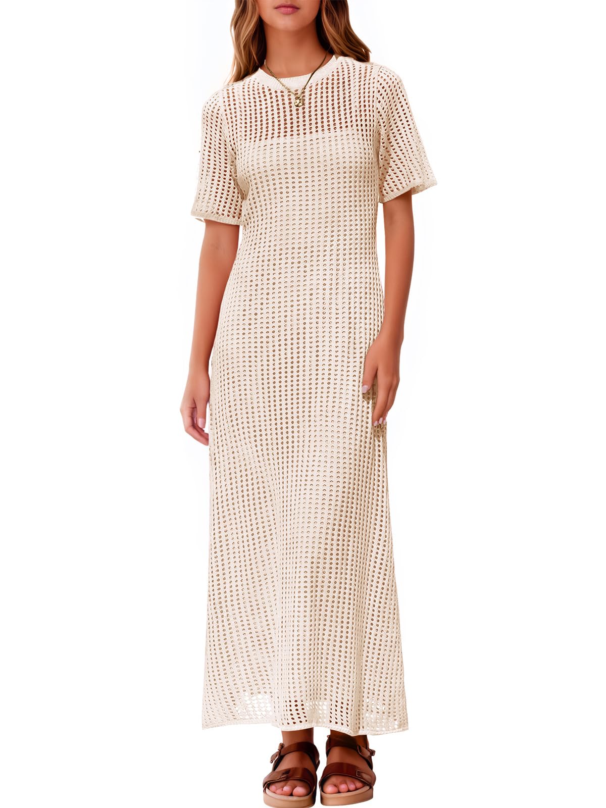 Fisoew Costume da bagno da donna all'uncinetto, estivo, per vacanze estive, costume da bagno da bagno casual a maniche corte, maxi abiti da spiaggia