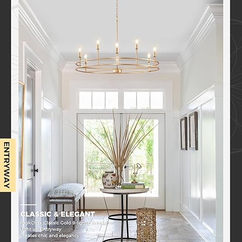 Miniatura 7 de Candelabro dorado de 9 luces para comedor sobre mesa, dormitorio principal, iluminación redonda para sala de estar, vestíbulo, baño, metal sólido,