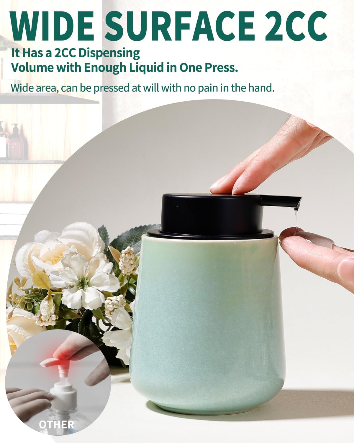 BosilunLife Hand Soap Dispenser - Ceramic Dish Soap Dispenser for Bathroom 12ounce Refillable Liquid Hand Wash Dispenser for Essential Oil, Lotion Soap, Light Green - Image 2
