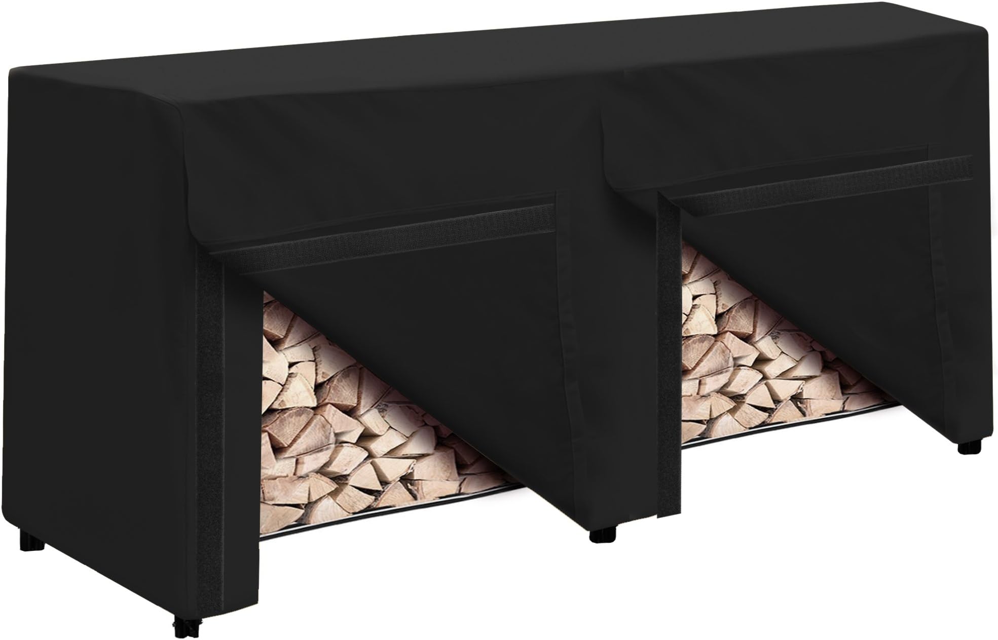 SunPatioOutdoor Firewood Rack Cover 8 Feet, Heavy Duty Waterproof Log Rack Cover, FadeStop Wood Rack Protector with Fastening Straps, All Weather Protection, 98" L x 24" W x 42''H, Black
