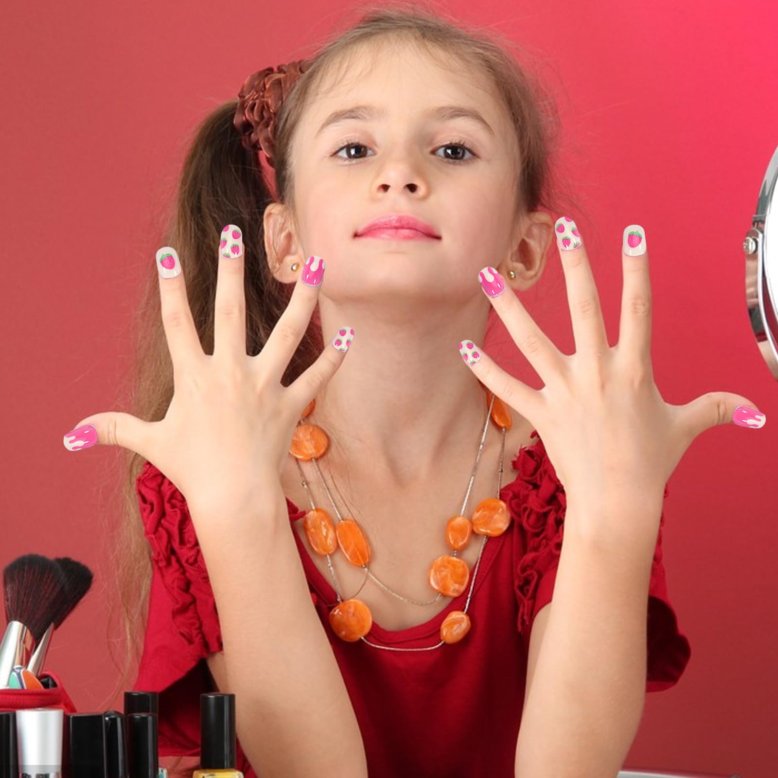 120PCS Kids Stick on Nails Kids False Nails for Girls Cute Pink Fake Nails for Girl Short Press on Nails with Stickers Full Cover Fingernail Lovely Gift for Girls Nails Art Decoration (Style1) - Image 4