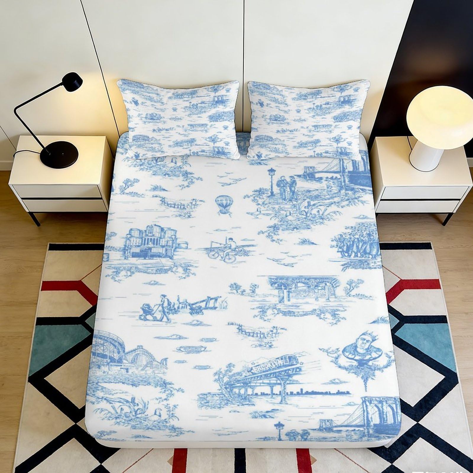 3D Printed Blue Toile Landscape Fitted Sheet Microfiber Soft Breathable Pastoral Art Mattress Cover for Bedroom Guest Room 90x200x25cm