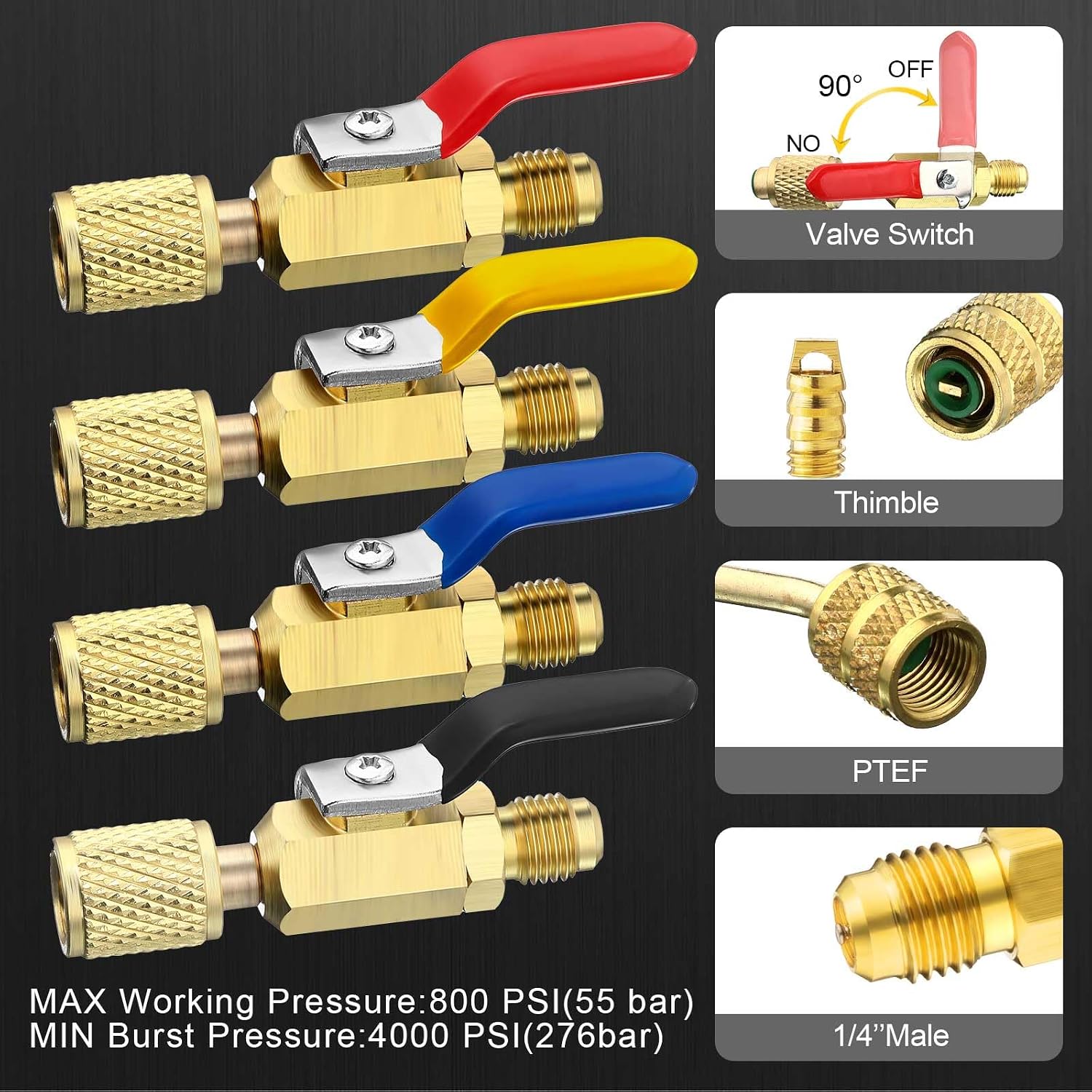 Mudder 10 Pcs Air Conditioning Refrigerant Compact Ball Valve 1/4 Inch Compatible with HVAC Adapter R410A R134A R12 R22 5/16inch Female to 1/4inch Male Flare(4 Straight Ball Valve, 6 Adapter,Gold)