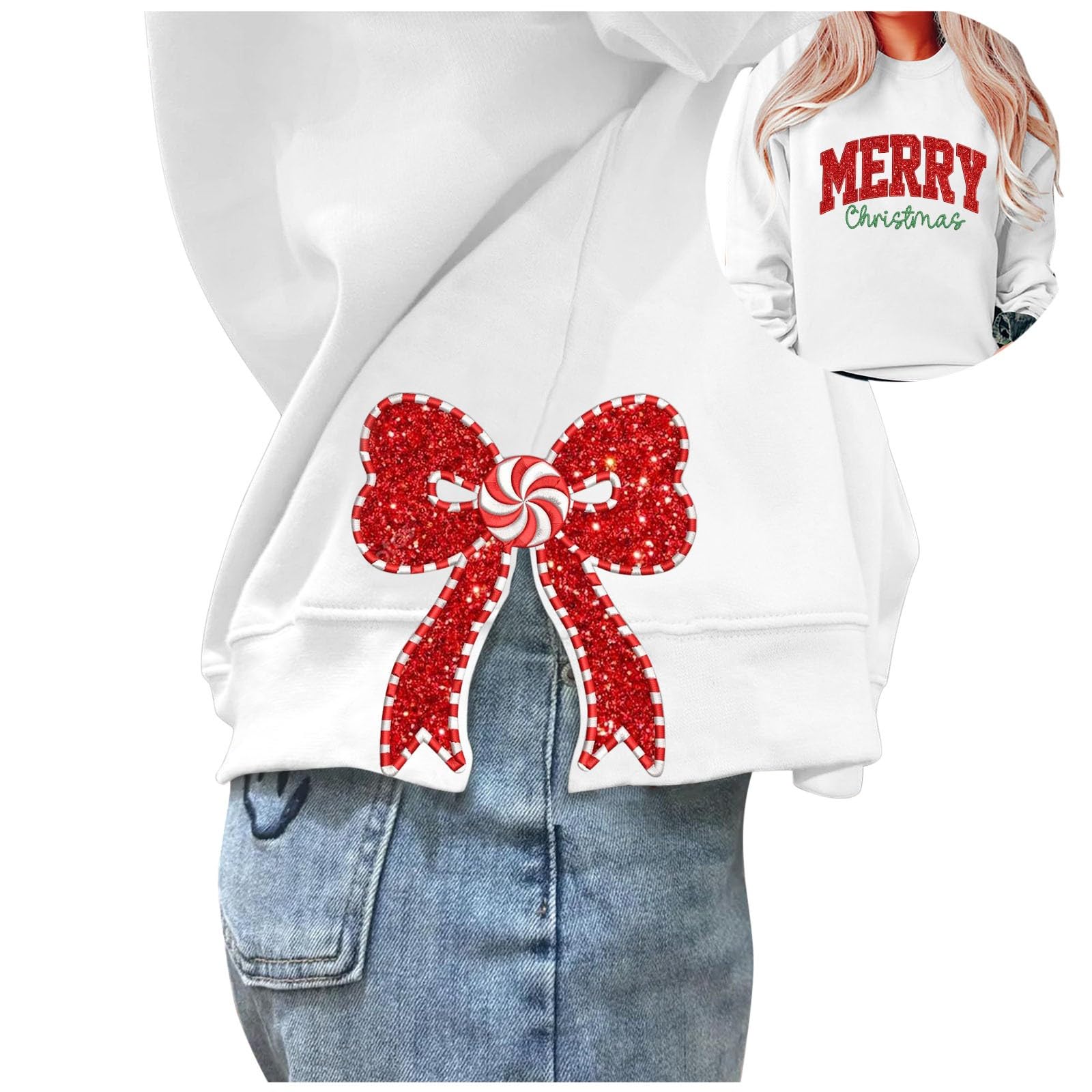 Genérico Sudadera Navidad Mujer Divertida,Sudadera Navideña Femenina Elegante con Detalle de Lateral Prendas de Talla Grande Jerséi de Cuello Redondo y Mangas Largas Confort Invierno