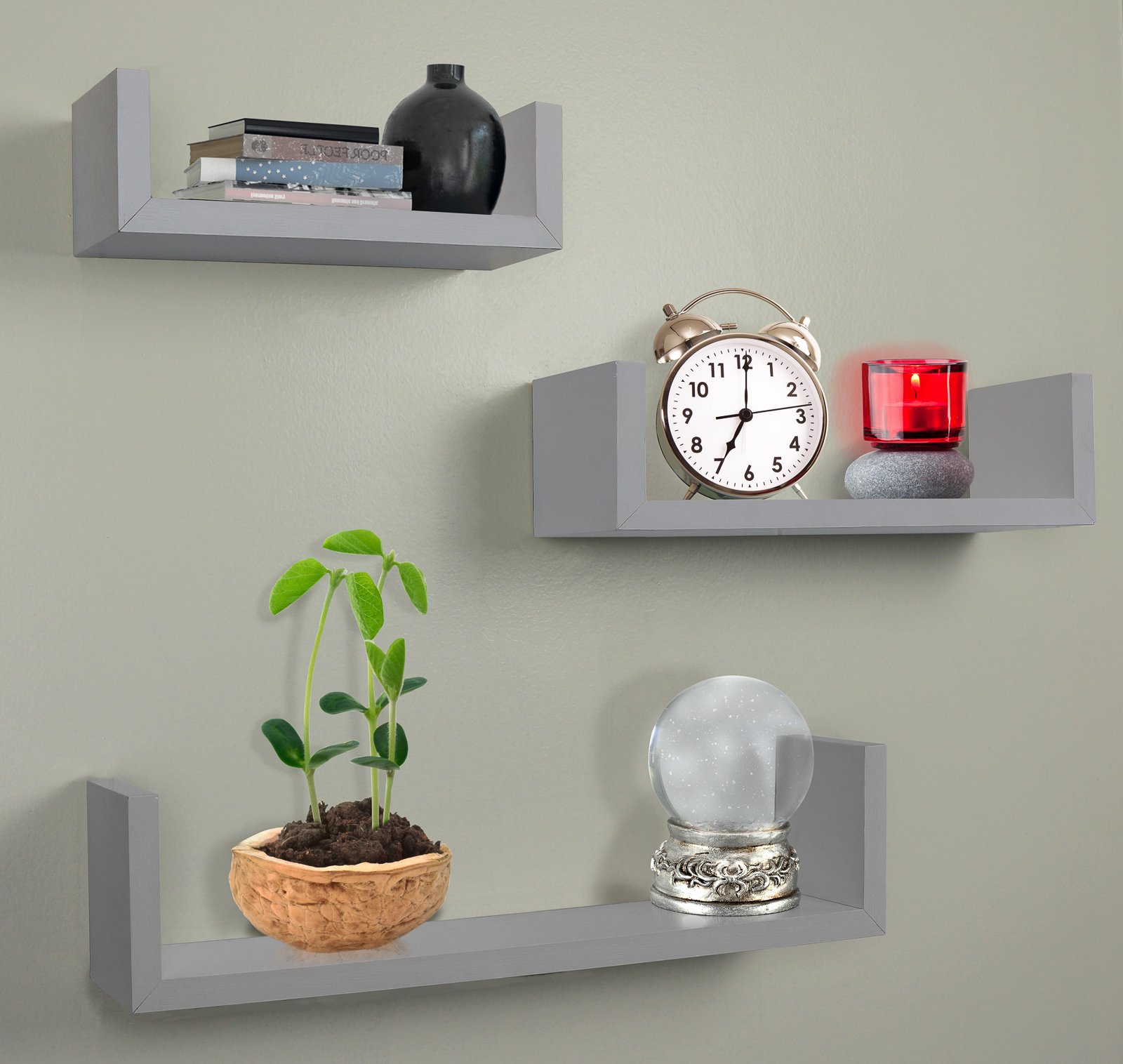 Greenco Set of 3 Floating “U” Shelves, Easy-to-Assemble Floating Wall Mount Shelves for Bedrooms and Living Rooms, Grey Finish