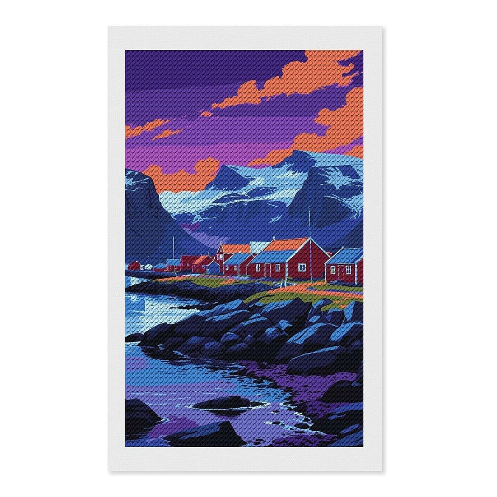 Junmoney Coastal Village Landscape with Mountains Crystal Diamond Art Kit 12"x20", Modern Decor, Boho Decor, Wall Art Gift, Decorative Artwork, Creative Hobby