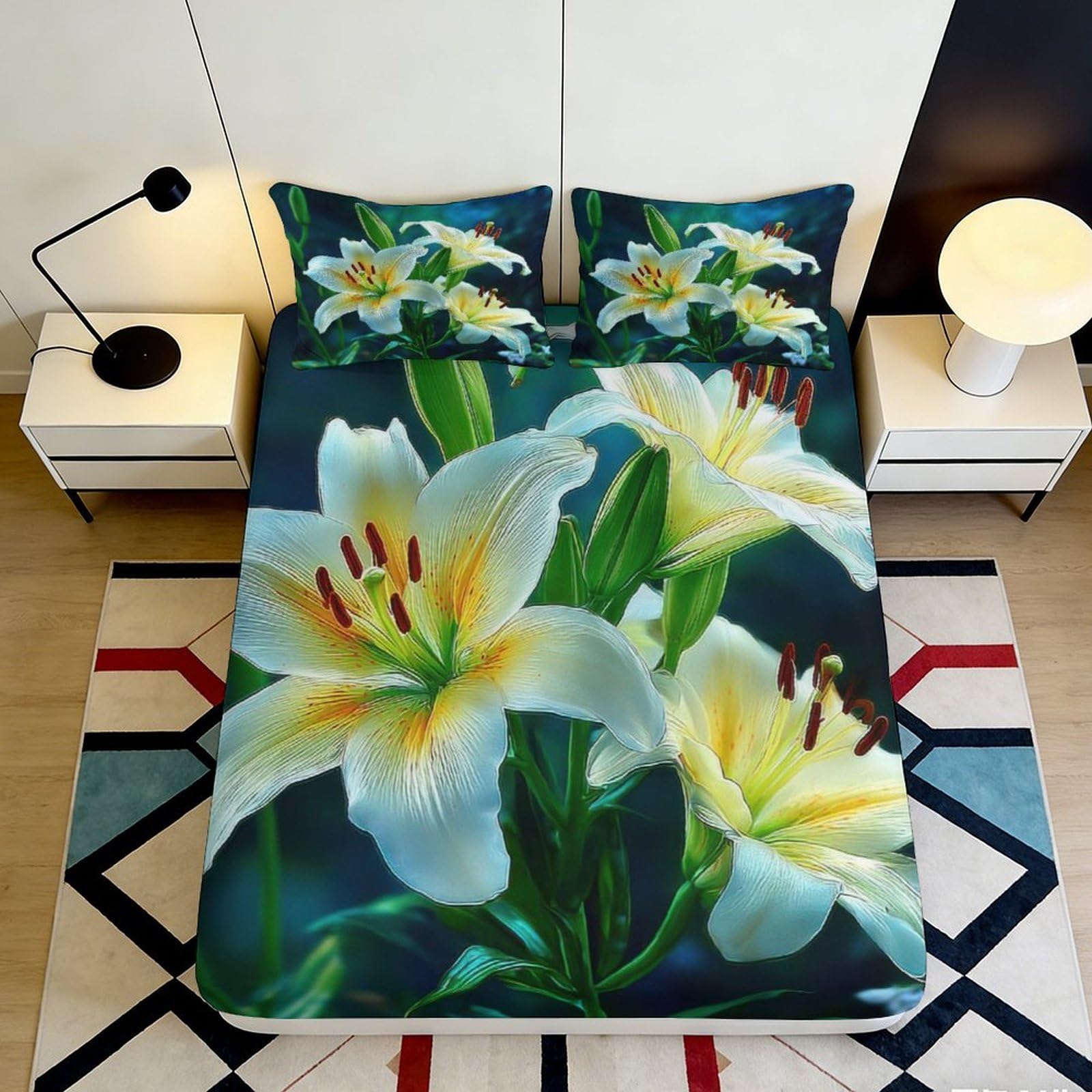 3D Printed Lily Fitted Sheet Microfiber Deep Pocket Full Wrap Lily Mattress Fitted Cover Non-Slip Washable Bedroom Bedding 180x200x25cm