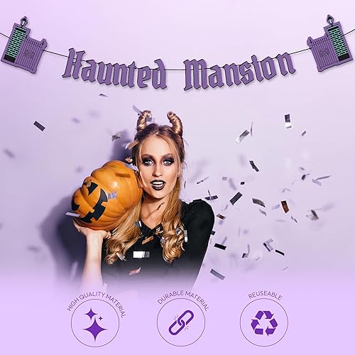 Miniatura 6 de HOUSE OF PARTY Cartel de Halloween, pancarta de mansión embrujada de 35 pulgadas para manto, cartel de fiesta de Halloween preencordado para