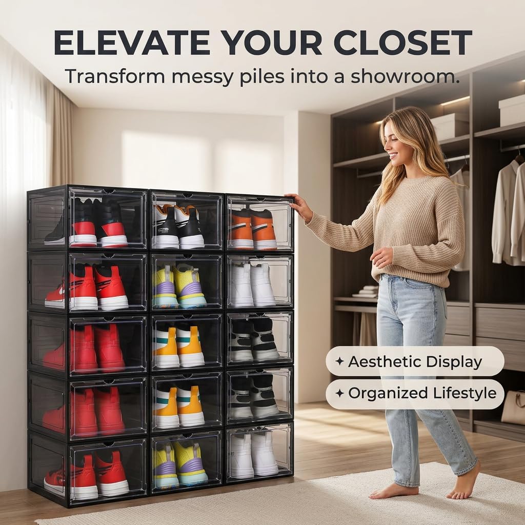 Large Black Shoe Storage Boxes Stackable, 12 Pack Hard Plastic Shoe Storage Organizer with Magnetic Door, Shoe Container Sneaker Storage Display Case Fit up to US Size 12 Black