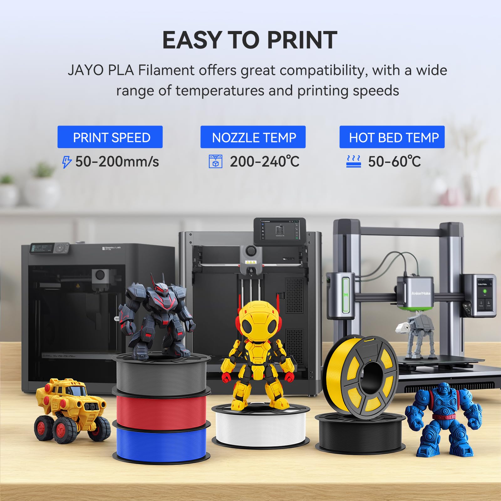 JAYO Filament PLA 1,75 mm, 4,4 kg, Zestaw filamentów PLA do drukarki 3D, 1,1 kg na szpulę, 4 szpule, wielokolorowy, do większości drukarek 3D FDM (czerwony, niebieski, żółty, pomarańczowy)