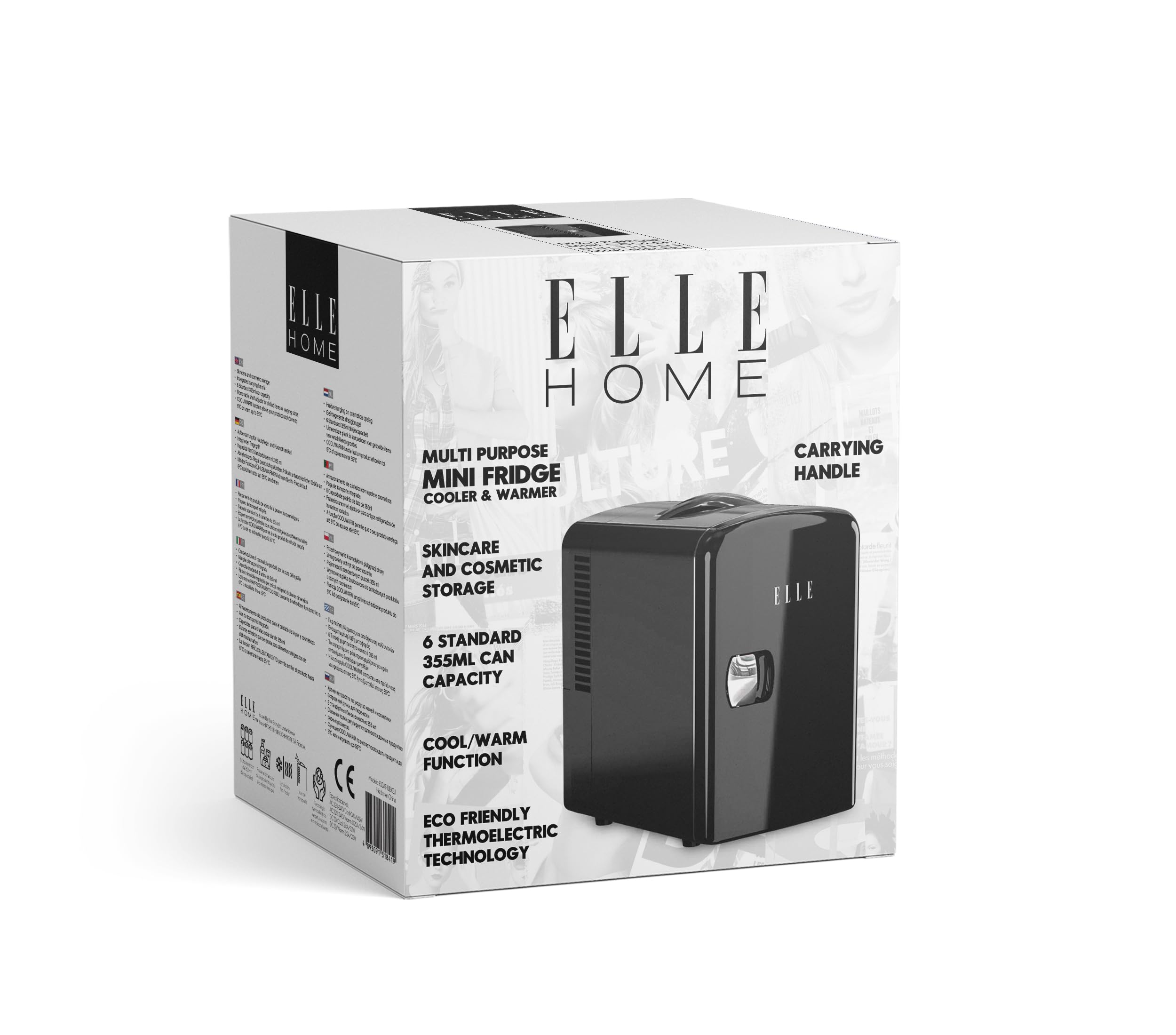 ELLE Mini Frigo 4L Multiuso – Frigorifero Portatile Caldo & Freddo per Skincare, Cura, Cosmetici, Bevande e Snack, Capacità 6 lattine, Mensola Rimovibile, Maniglia di Trasporto, Nero