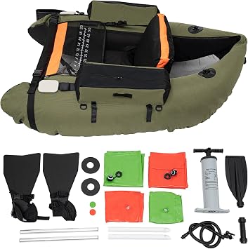 Inflatable Fishing Boat Belly Boat Fishing Float Tube with Storage Pockets, Adjustable Straps & Bracket for trolling Motor, Loading Capacity 286.6LBS