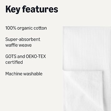 Amazon Basics Organic Cotton Waffle Weave Kitchen Dish Towels, Ultra Absorbent, Quick Drying, Lint-Free, 15 x 25 inches, 6-Pack