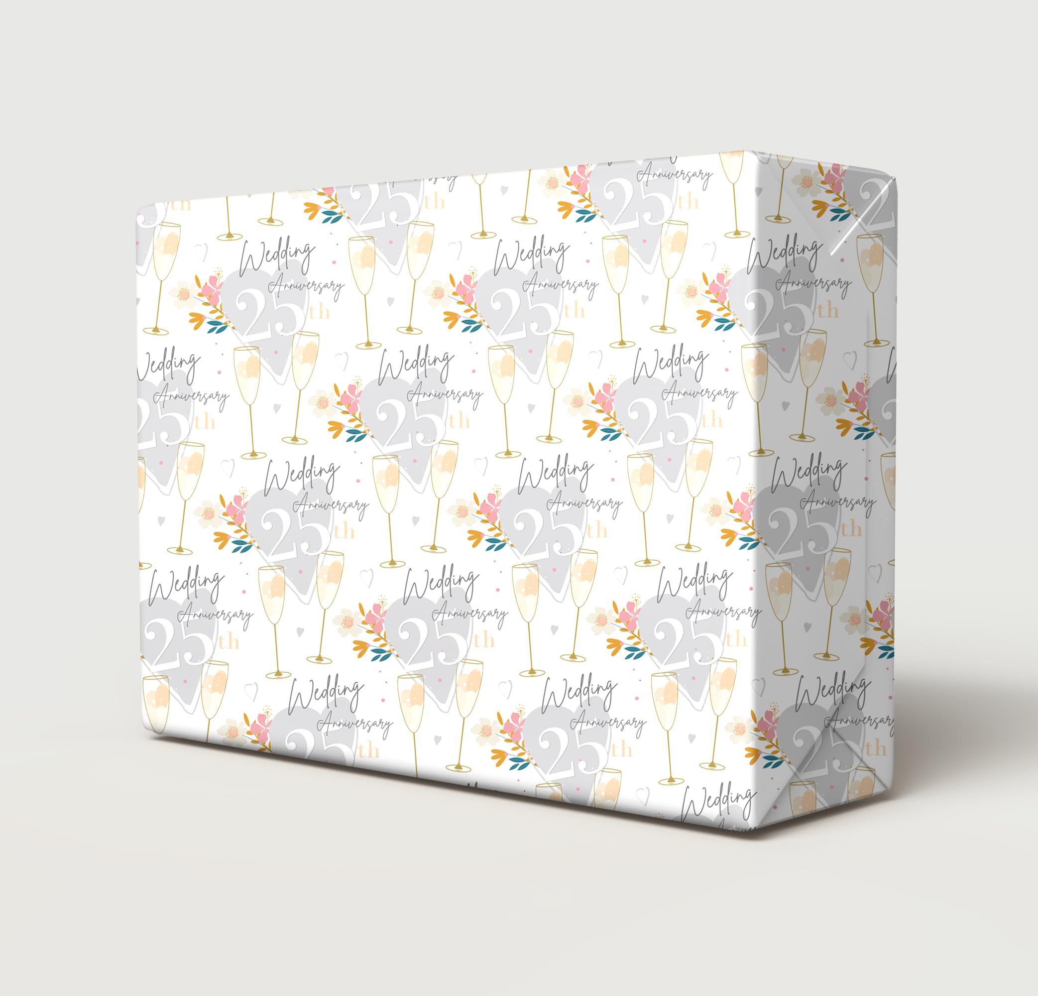 4 Sheets 4 Tags 25th Silver Wedding Anniversary Wrapping Paper Beautiful Classy And Elegant Flowers Champagne Glasses Design Silver Wedding Anniversary Giftwrap