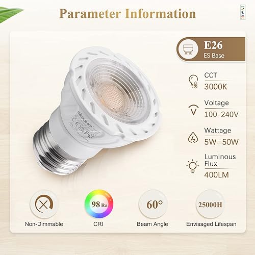 Miniatura 3 de DiCUNO Bombilla LED PAR16 de 5 W, equivalente a halógeno de 50 W, blanco cálido de 3000 K, alto CRI 98, 100-240 V, base E26, 400 lúmenes, foco no