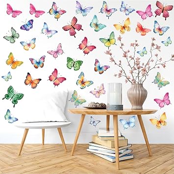 Watercolor Butterfly Wall Decals 62 PCS Peel & Stick Vinyl Stickers for Girls Bedroom, Nursery, Classroom & Living Room, 8 Sheets Removable Repositionable Aesthetic Butterfly Wall Art Decor.
