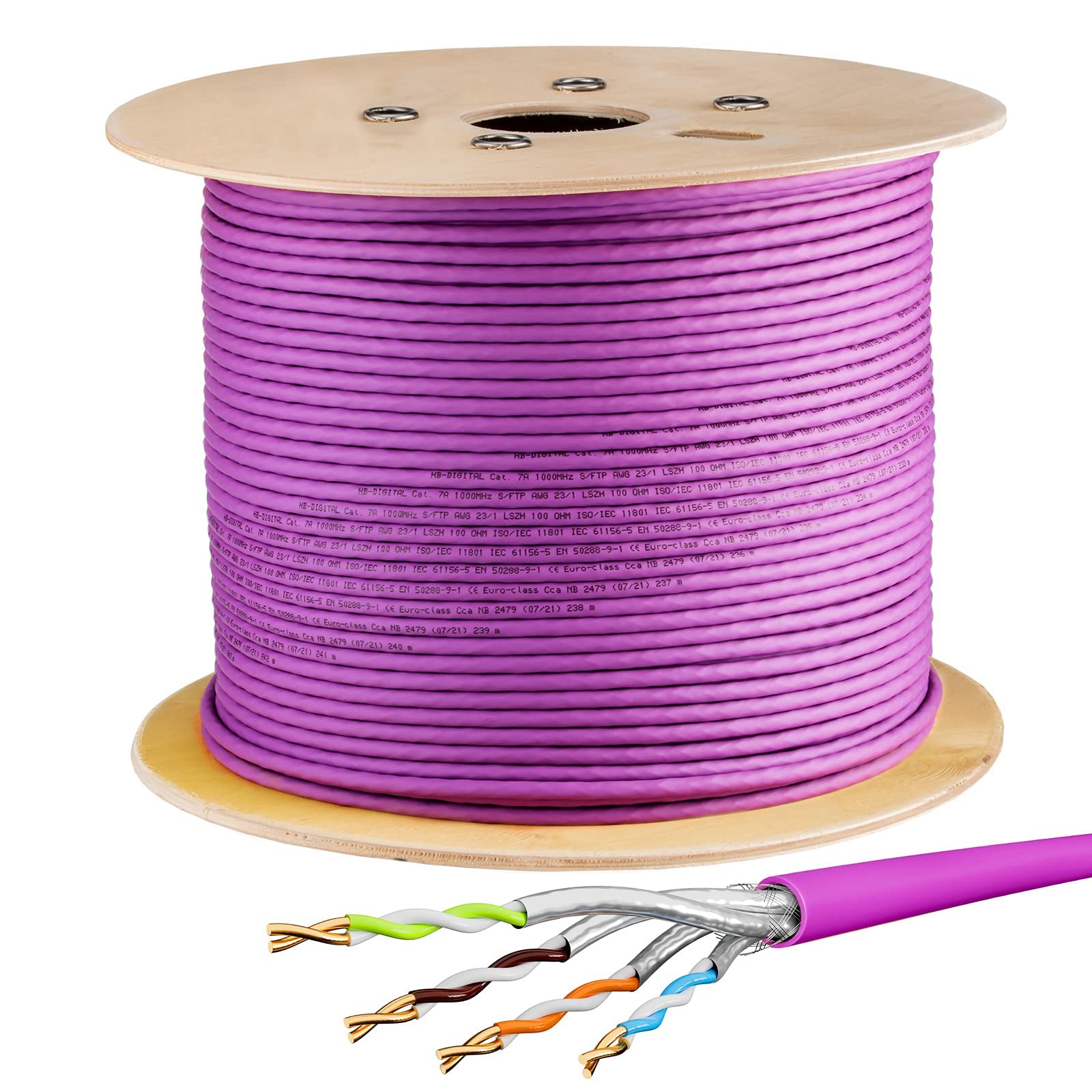 hb-digital 250m CAT.7a Câble réseau violet Câble d'installation Ethernet LAN AWG23 Cuivre pur S/FTP PiMF LSZH Sans halogène Conforme RoHS PoE 10Gbit/s max. 1200MHz + Pince à dénuder