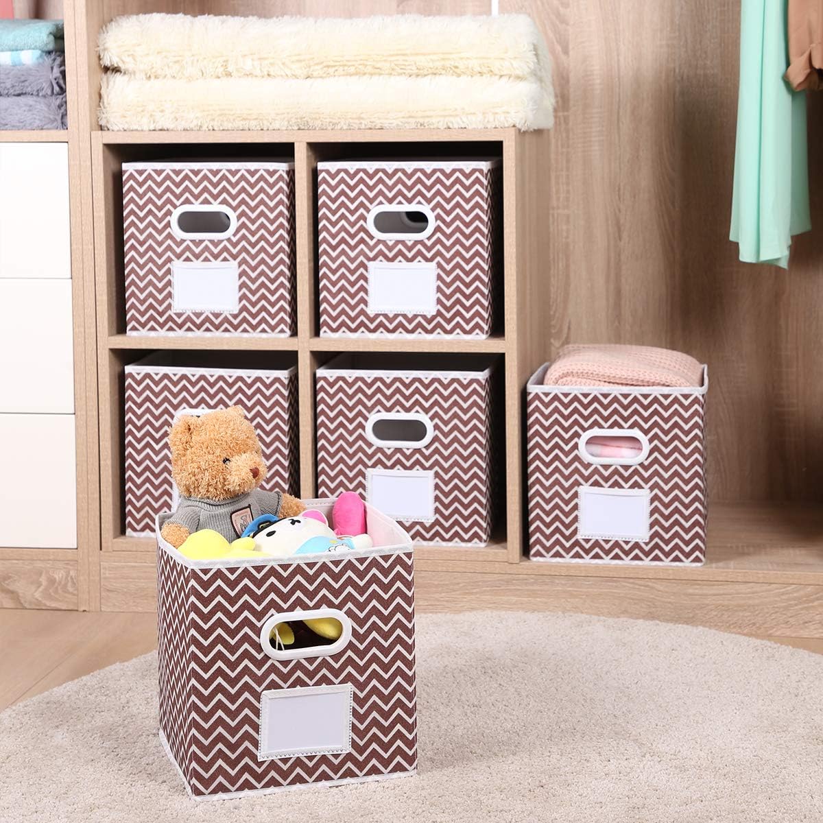 MAX Houser Fabric Cloth Storage Bins,Foldable Storage Cubes Organizer Baskets with Dual Handles for Home Bedroom Storage,Set of 6 (Brown)