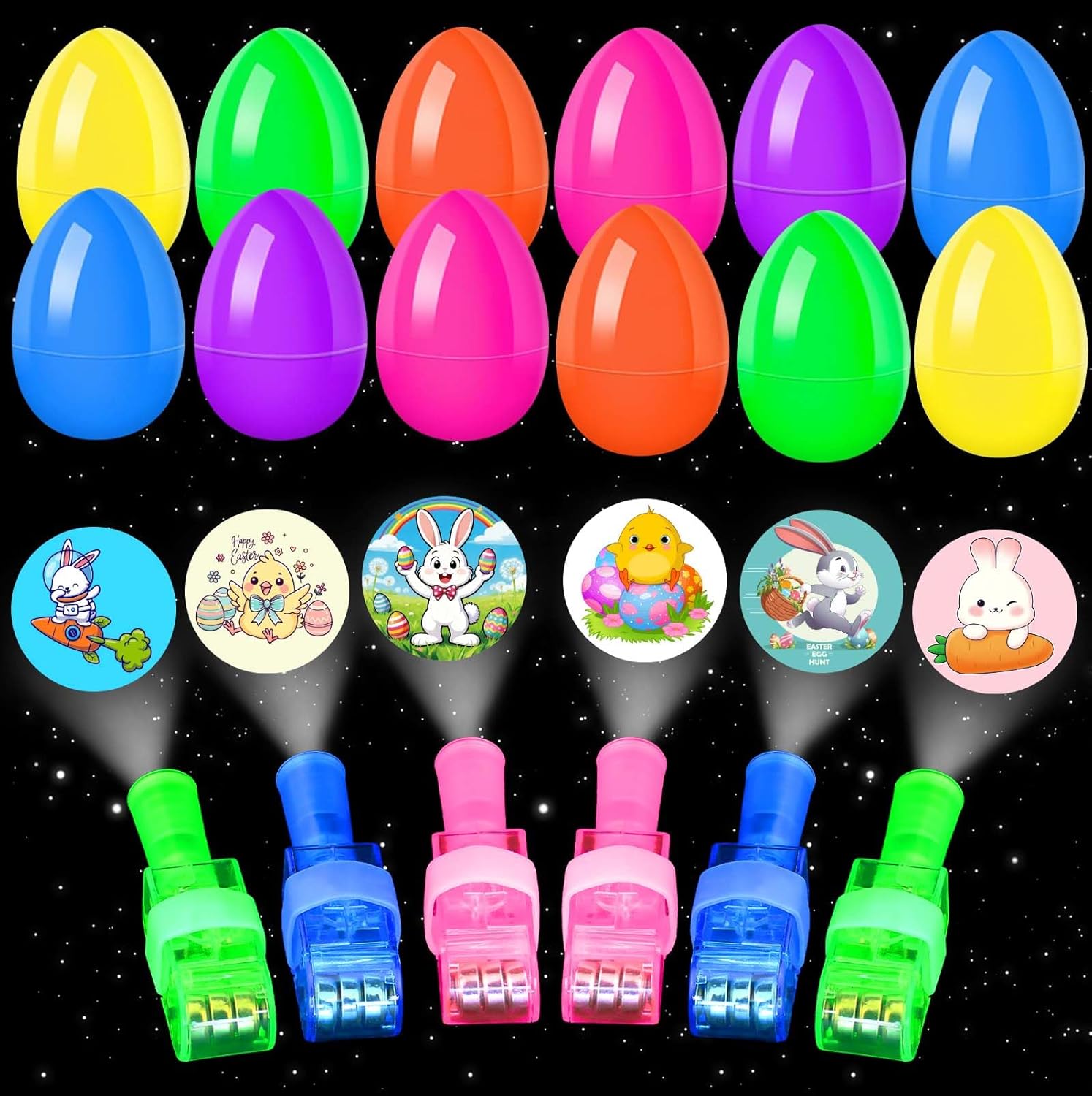 Easter Eggs Fillers, 12Pack Prefilled Easter Eggs with Finger Lights Toys, Easter Basket Stuffers for Kids Teens Boys Girls, Grow in The Dark, Classroom Treasure Box, Party Favors for Egg Hunt