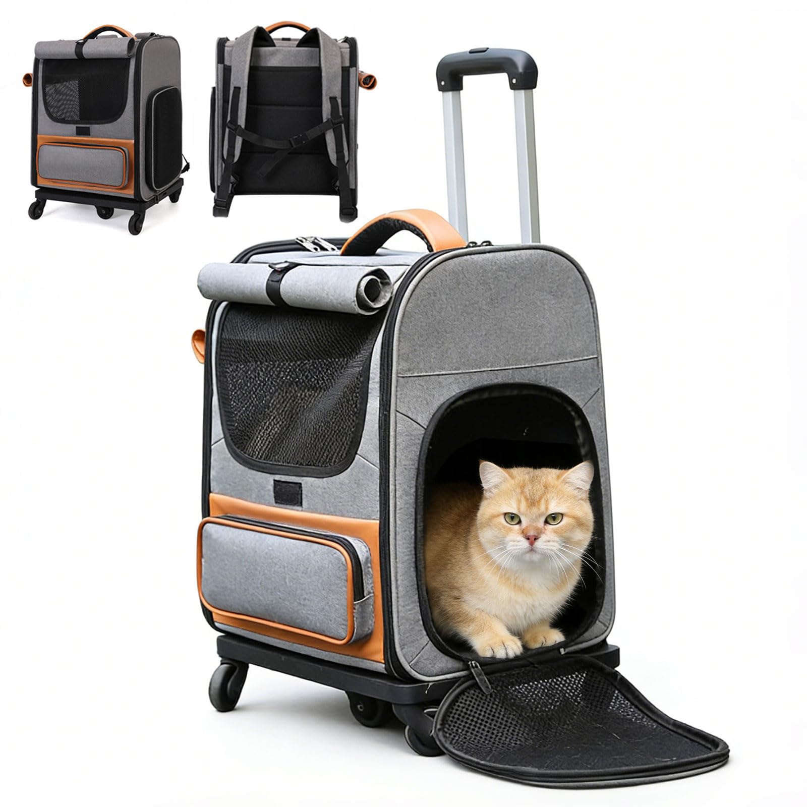 Mochila transportadora 3 en 1 para gatos con ruedas, mochila desmontable para mascotas con persianas enrollables de protección solar, diseño ventilado, transportador multifunción para perros pequeños