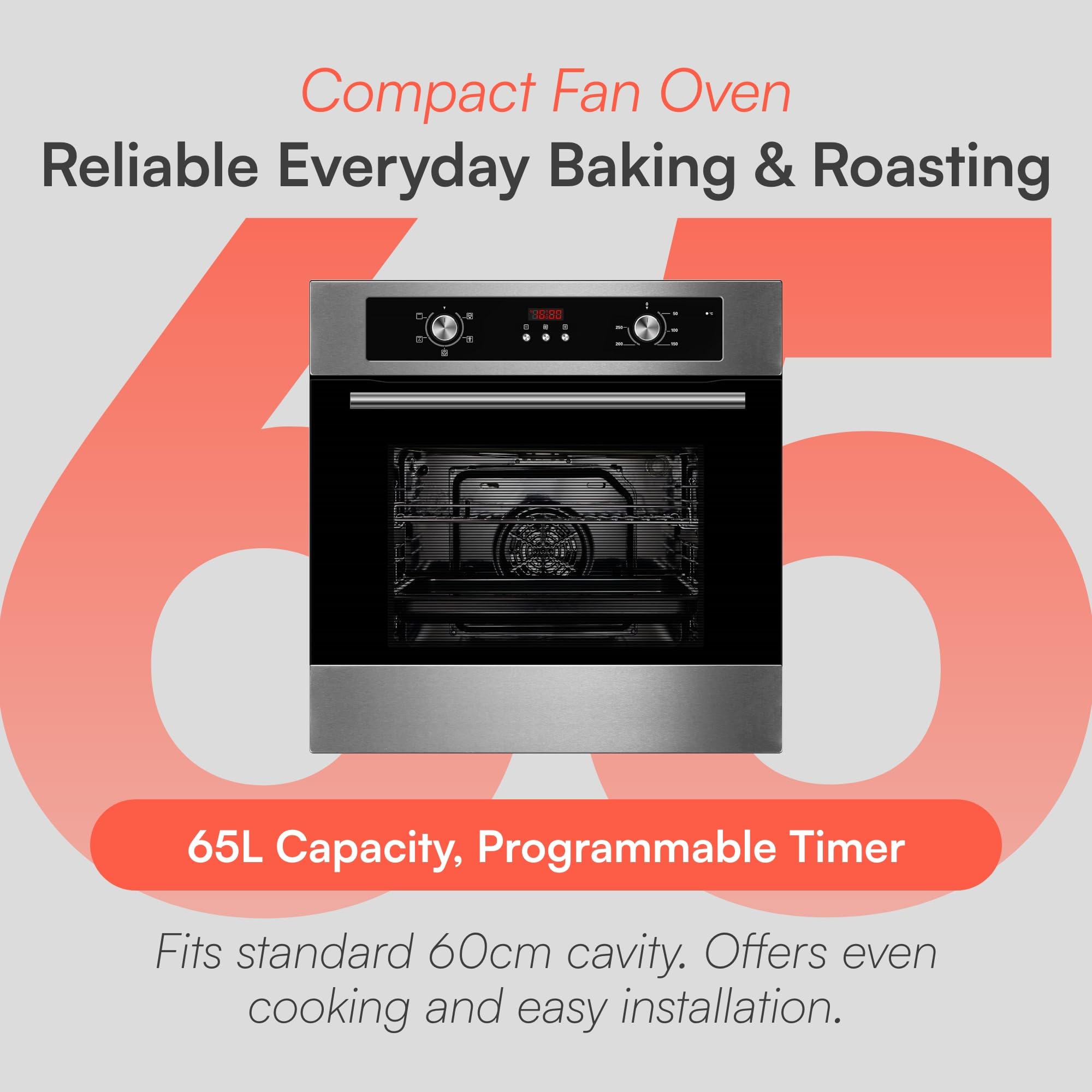 Cookology COF605S 60cm 65 Litre Capacity, Installed Built In Electric Fan Oven, Integrated Single Fan Oven with Mechanical Dial Timer and Grill - in Stainless Steel — view 2