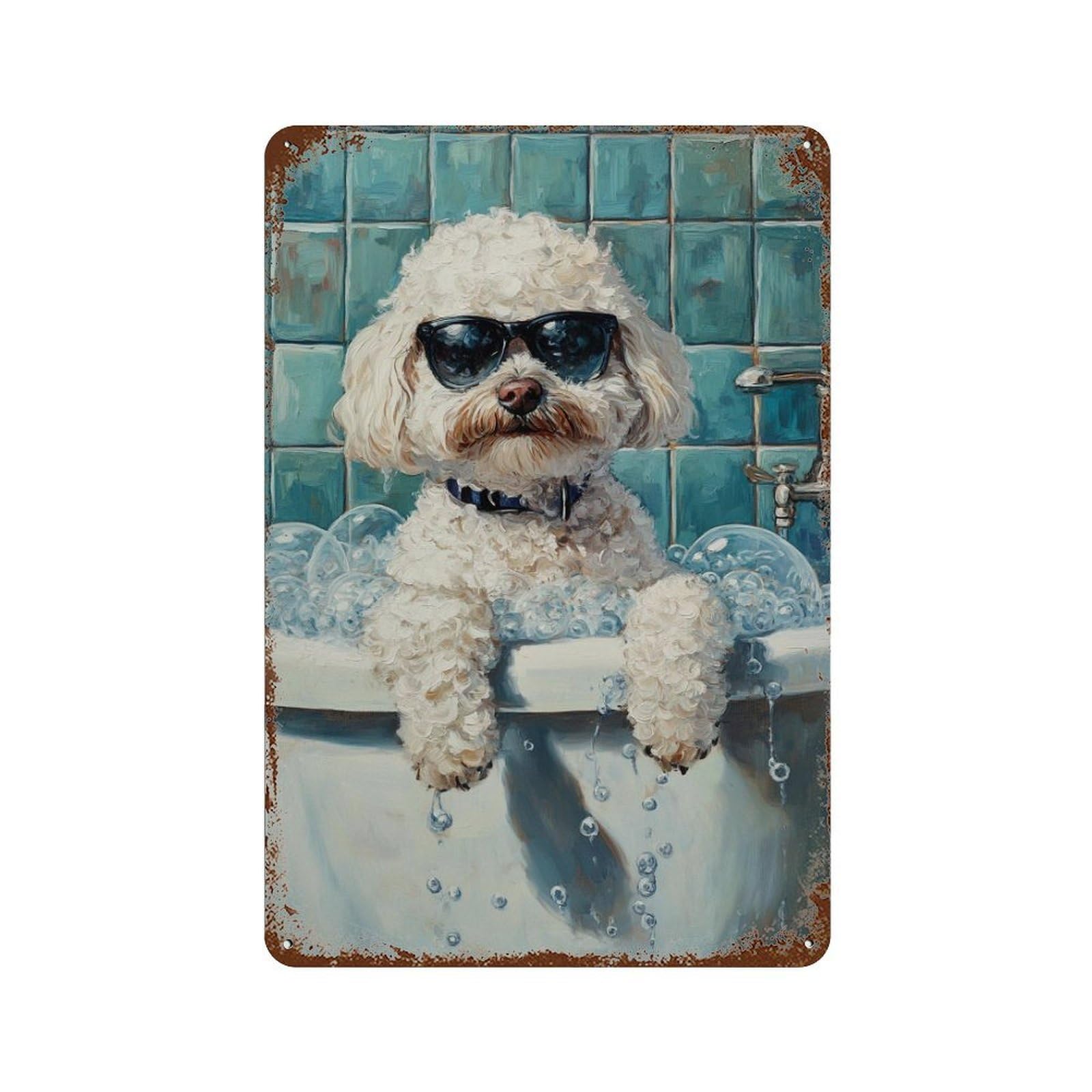 Poodle in Bathtub with Sunglasses 11.8"x7.9" Weathered Tin Sign, Shabby Chic Decor for Cafe, Home Bar And Lounge Decor