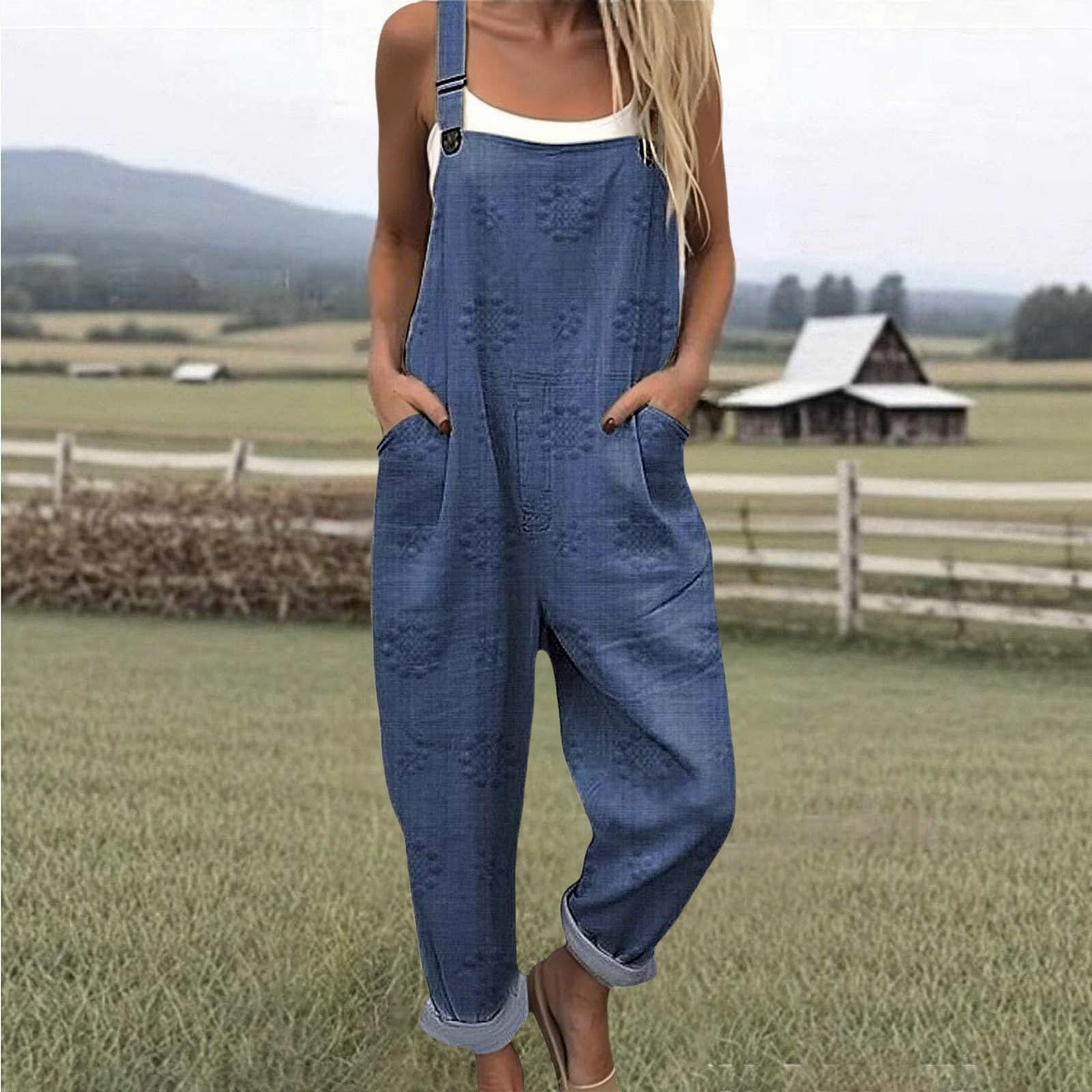 Salopette Femme avec motif flora, Combinaison en lin Ample et Décontracté Femme avec Bretelles Réglables et Poches, Salopette de Travail Ete Fluide chic, Pantalon Imprimé spaghetti Grande Taille